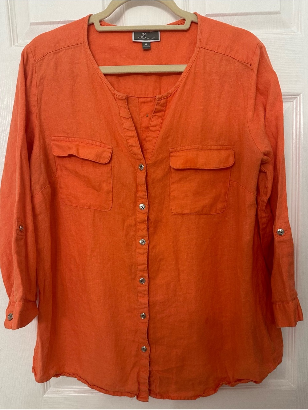 JM Collection Orange 100% Linen Button Down Roll Tab Sleeve Shirt Womens 14